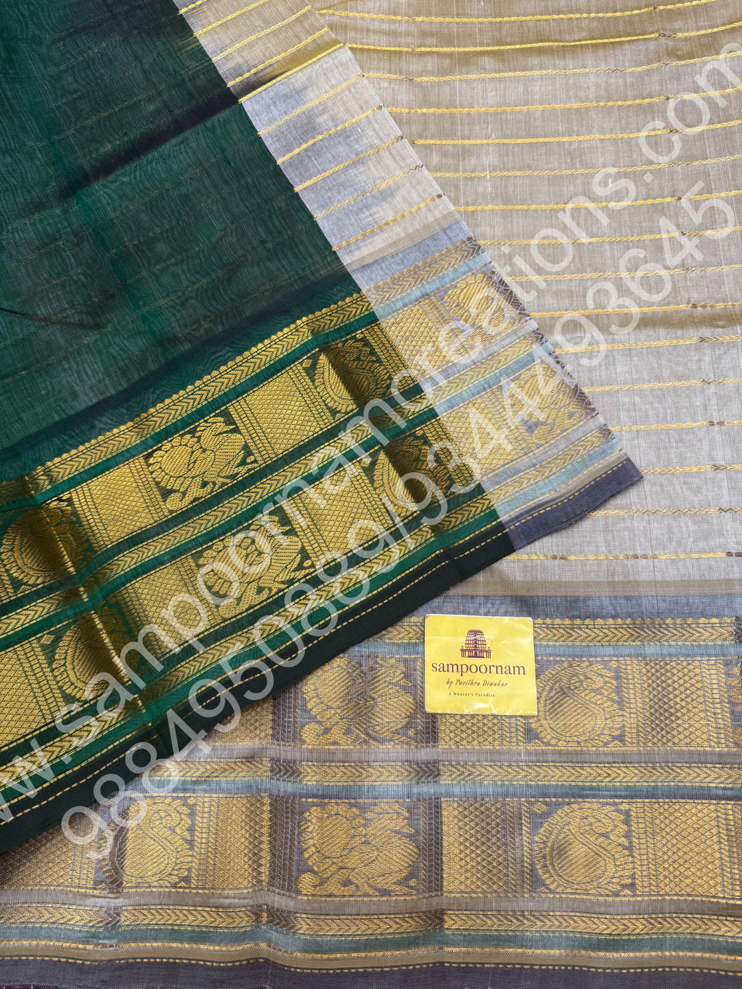 Beige  with Green , Veldhari Zari Lines in the Body , Traditional Kanchi border , Rich Pallu , Pure Silk Cotton Saree