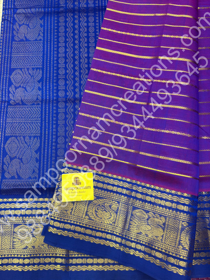 Double Shaded Vadamalli with Blue , Veldhari Zari Lines in the Body , Traditional Kanchi border , Rich Pallu , Pure Silk Cotton Saree