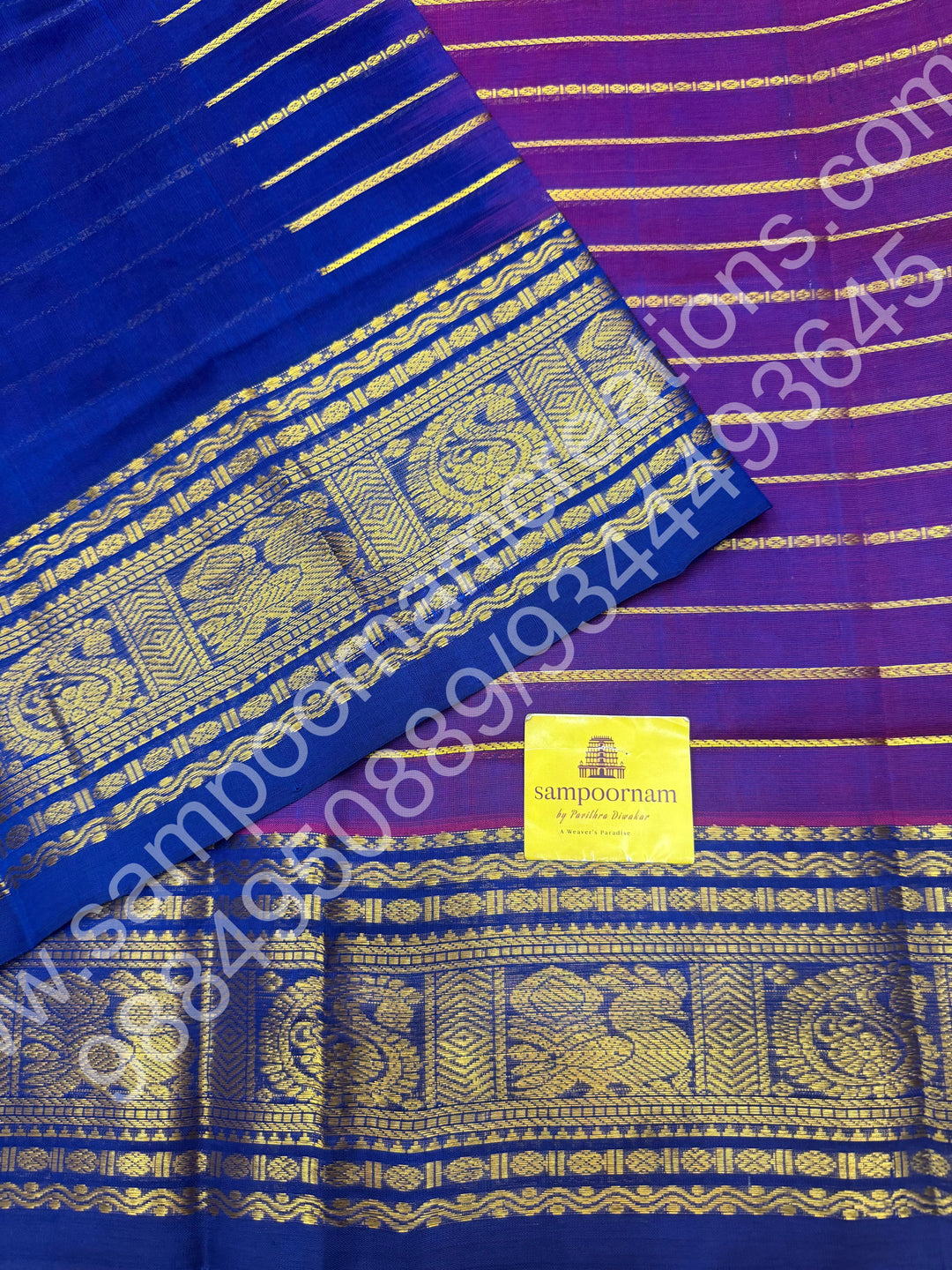 Double Shaded Vadamalli with Blue , Veldhari Zari Lines in the Body , Traditional Kanchi border , Rich Pallu , Pure Silk Cotton Saree