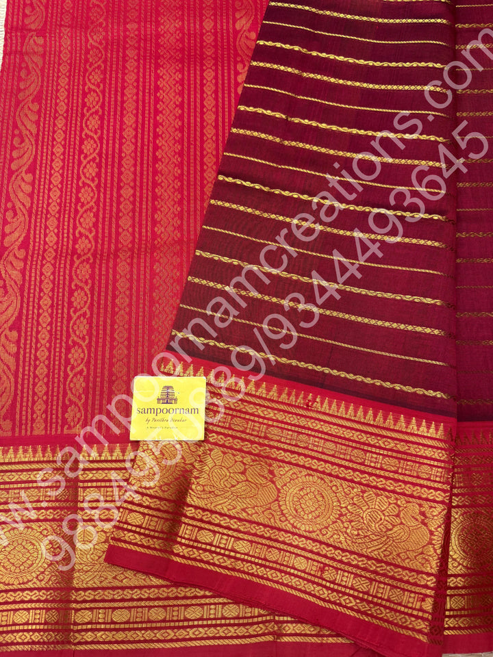 Dark Maroon with Red , Veldhari Zari Lines in the Body , Traditional Kanchi border , Rich Pallu , Pure Silk Cotton Saree