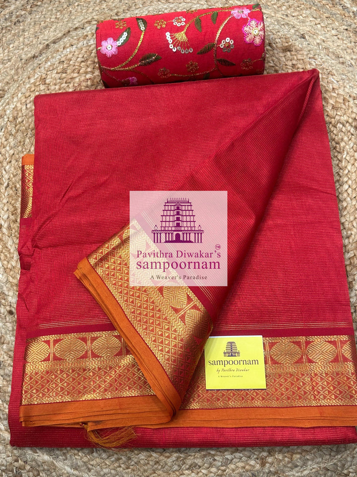 Red , Orange Selvedge , Vairaoosi Zari Lines in the body , traditional borders and rich Pallu ,Ten Yards Silk Cotton Saree