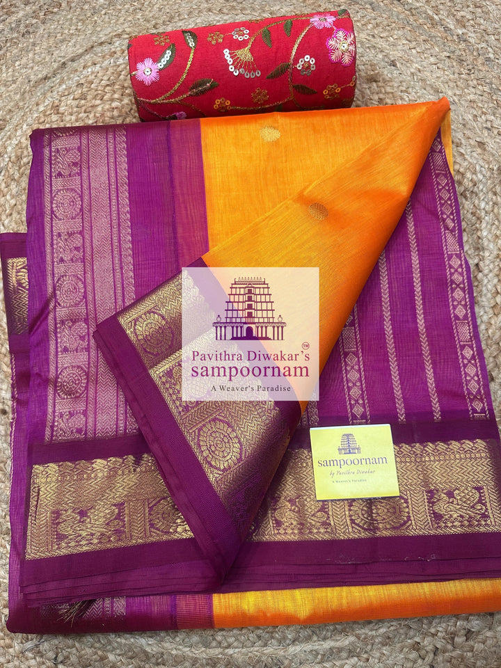 Mambazha Manjal with Magenta , body butta , traditional borders and rich pallu  ,Ten Yards Korvai Silk Cotton Saree