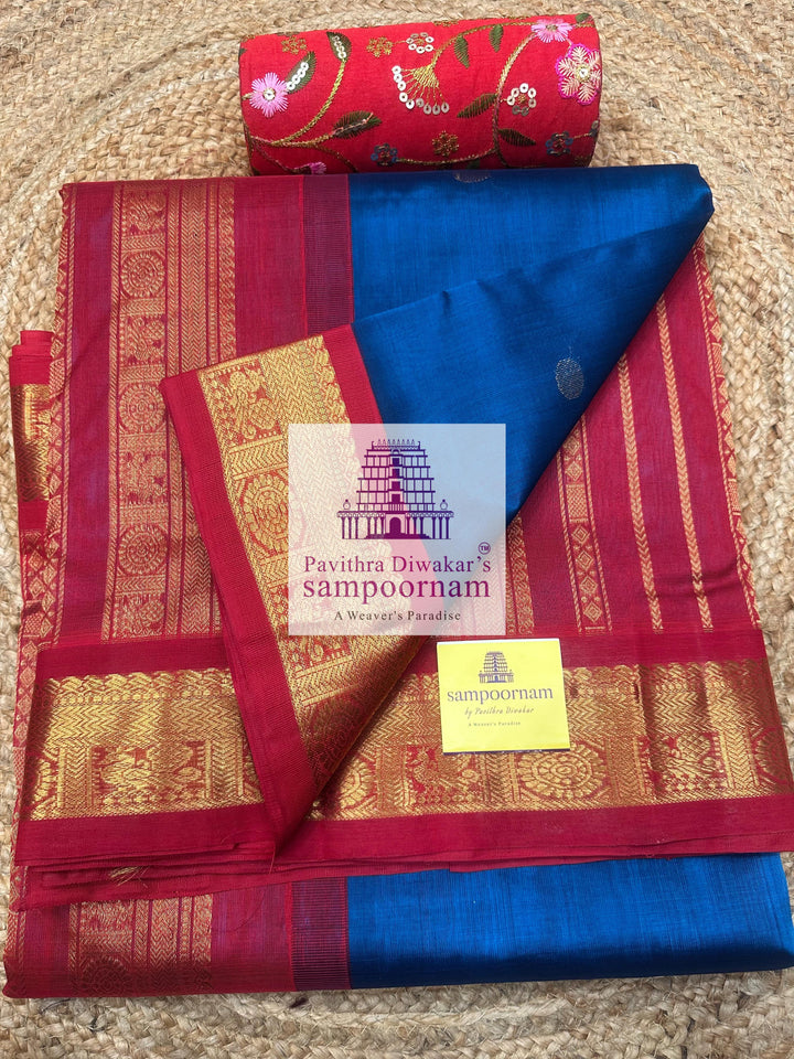 Blue with Red , Zari butta in the body , traditional borders and rich pallu  ,Ten Yards Korvai Silk Cotton Saree
