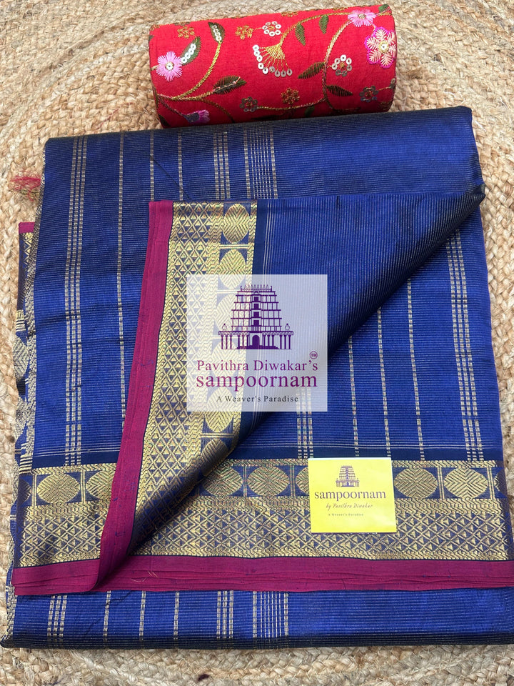 Dark Blue , Red Selvedge , Vairaoosi Zari Lines in the body , traditional borders and rich Pallu ,Ten Yards Silk Cotton Saree