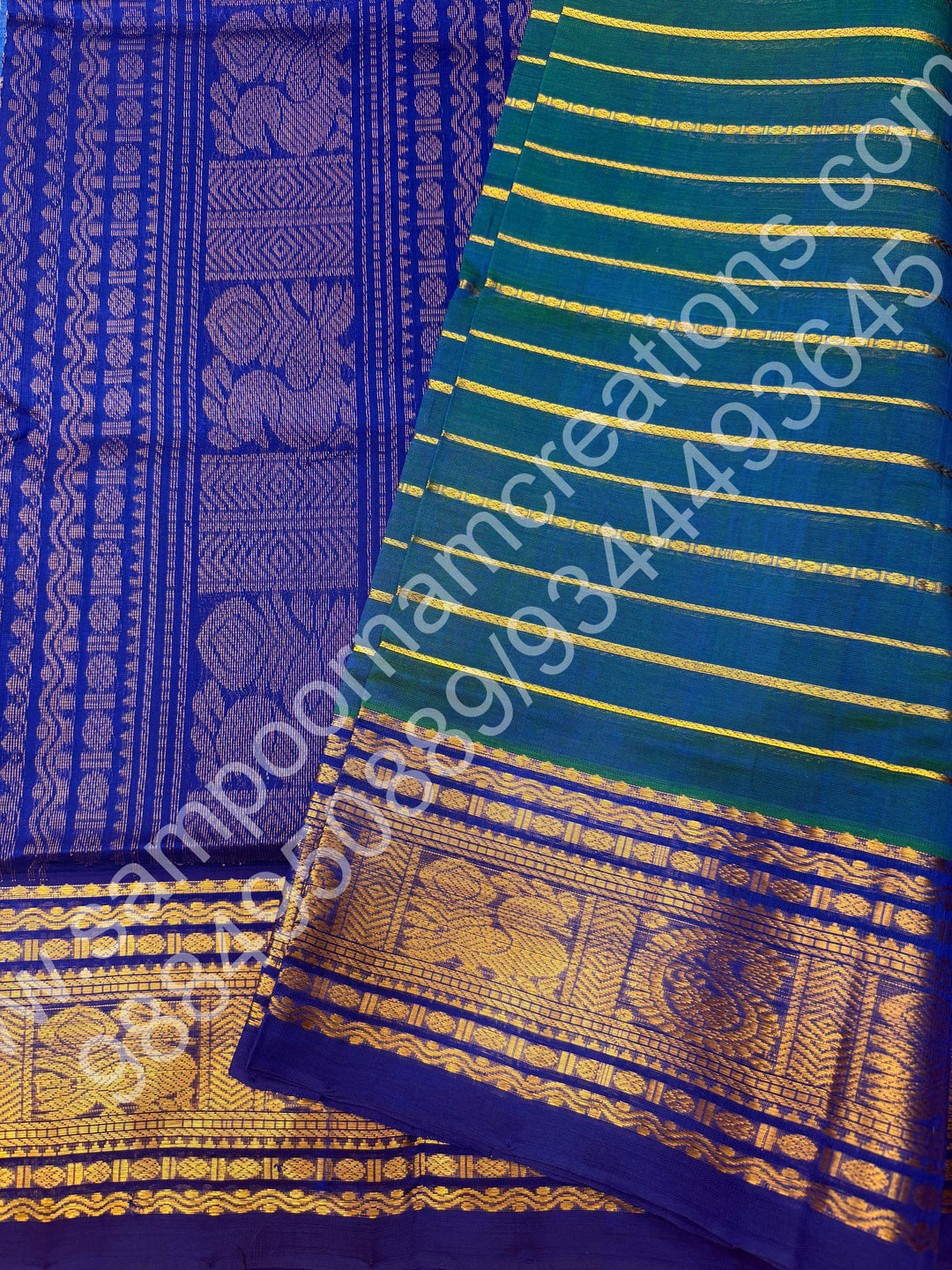 Double Shaded Teel Blue with Blue , Veldhari Zari Lines in the Body , Traditional Kanchi border , Rich Pallu , Pure Silk Cotton Saree