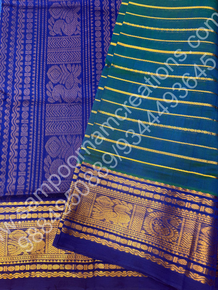 Double Shaded Teel Blue with Blue , Veldhari Zari Lines in the Body , Traditional Kanchi border , Rich Pallu , Pure Silk Cotton Saree