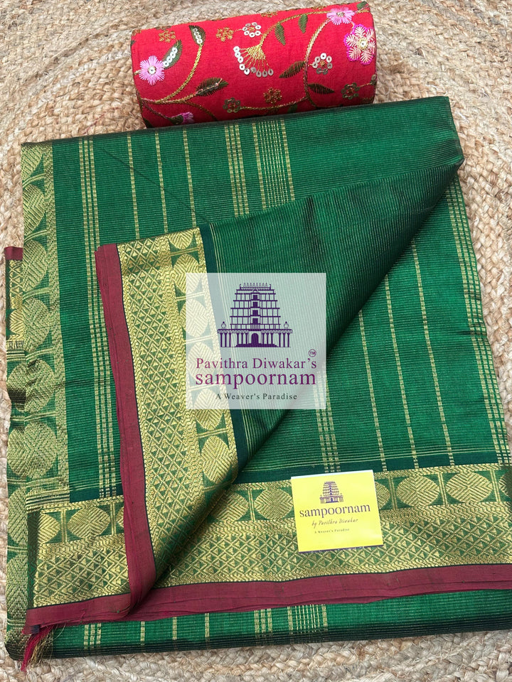 Green , Red Selvedge , Vairaoosi Zari Lines in the body , traditional borders and rich Pallu ,Ten Yards Silk Cotton Saree