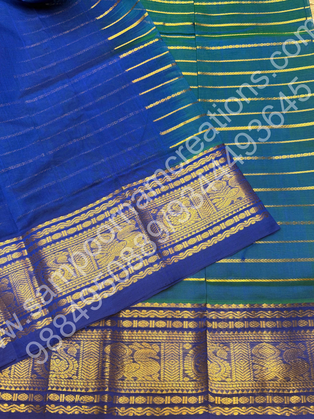 Double Shaded Teel Blue with Blue , Veldhari Zari Lines in the Body , Traditional Kanchi border , Rich Pallu , Pure Silk Cotton Saree