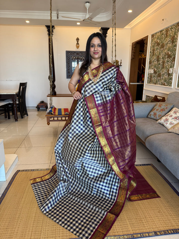 Blue and White with Purple Pazham Kattam , rich traditional border and grand pallu Korvai Silk Cotton Saree