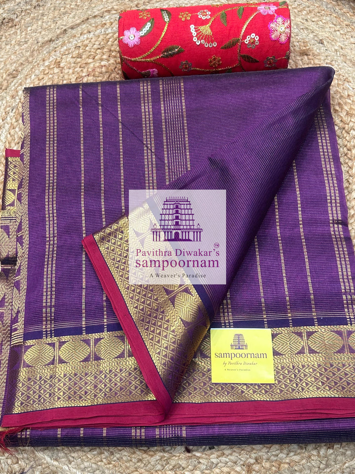 Vadamalli colour with red Selvedge with Vairaoosi Zari Lines in the body , traditional borders and rich Pallu ,Ten Yards Silk Cotton Saree