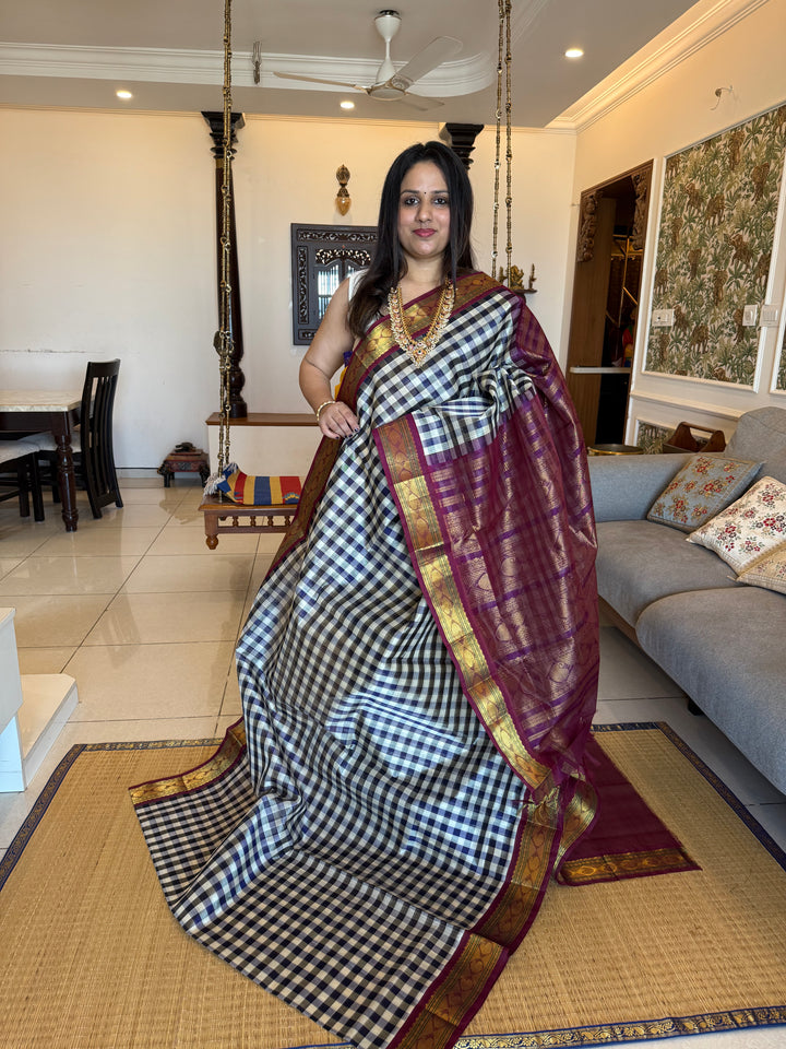 Blue and White with Purple Pazham Kattam , rich traditional border and grand pallu Korvai Silk Cotton Saree