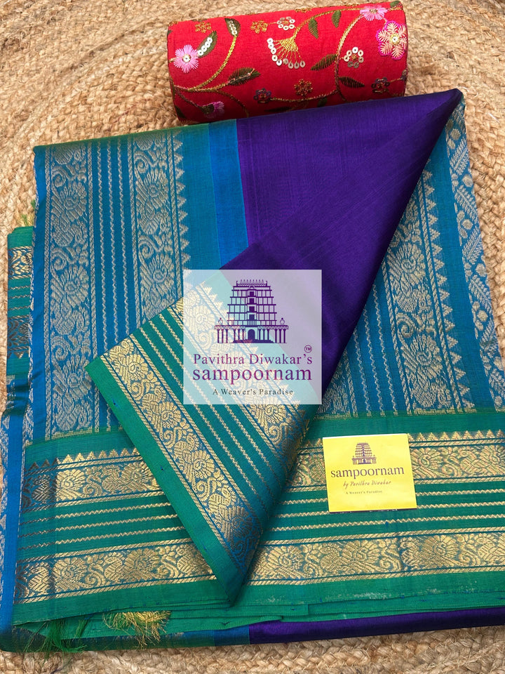 Purple with Turquoise Blue , rettapet borders and rich pallu ,Ten Yards Korvai Silk Cotton Saree
