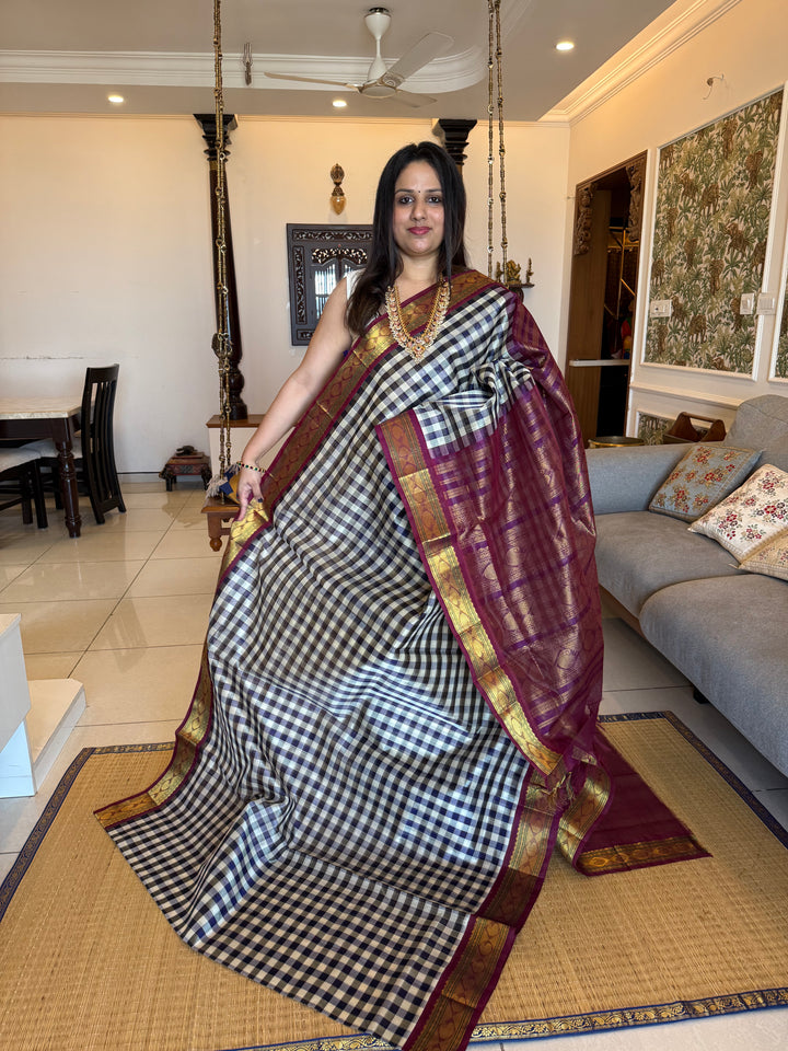 Blue and White with Purple Pazham Kattam , rich traditional border and grand pallu Korvai Silk Cotton Saree