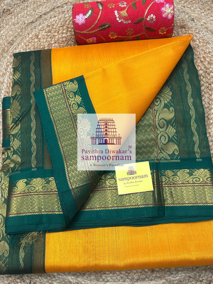 Mambazha Manjal with Green ,traditional borders and rich pallu ,Ten Yards Korvai Silk Cotton Saree