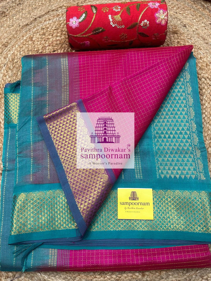 Pink with Turquoise Blue , Zari Podi Kattam in the body , traditional borders and grand Pallu , Ten Yards Silk Cotton Saree
