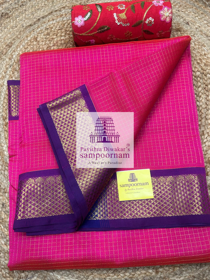 Pink with Blue , Purple Selvedge , Rich Zari Podikattam in the body , traditional borders and grand Pallu , Ten Yards Silk Cotton Saree
