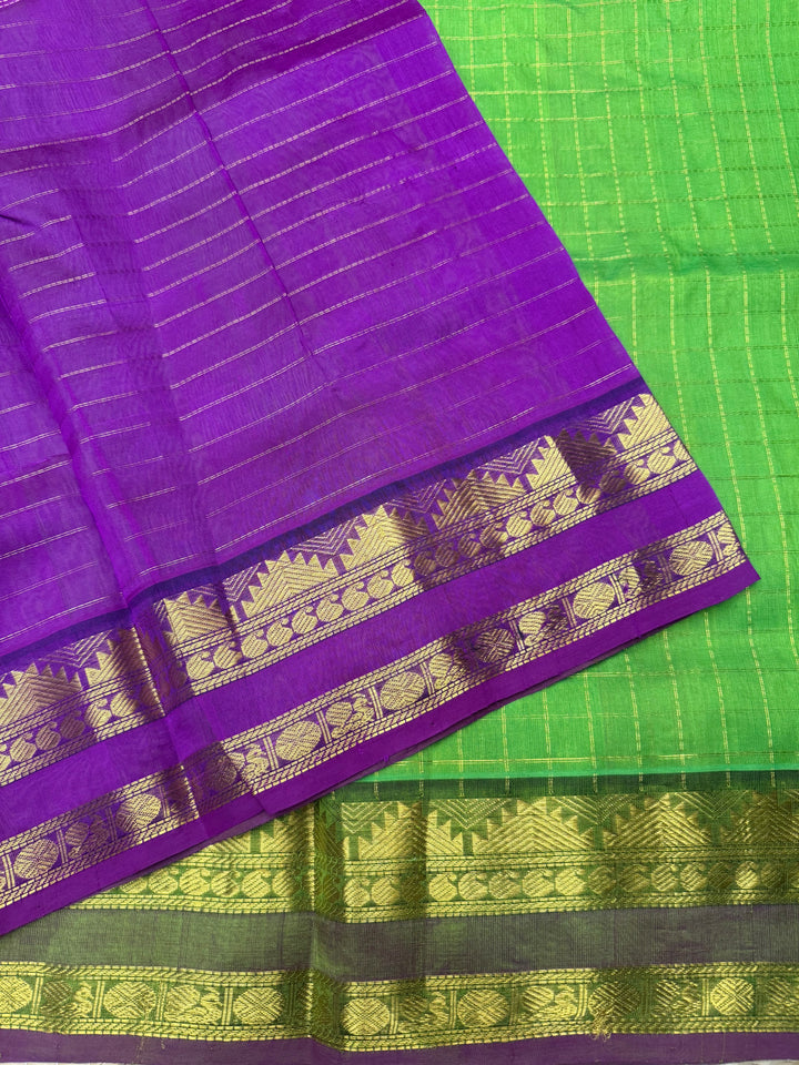 Parrot Green with Magenta , Rich  Zari Kattam in the body , Rettapet  borders and Rich Pallu Pure Silk Cotton Saree