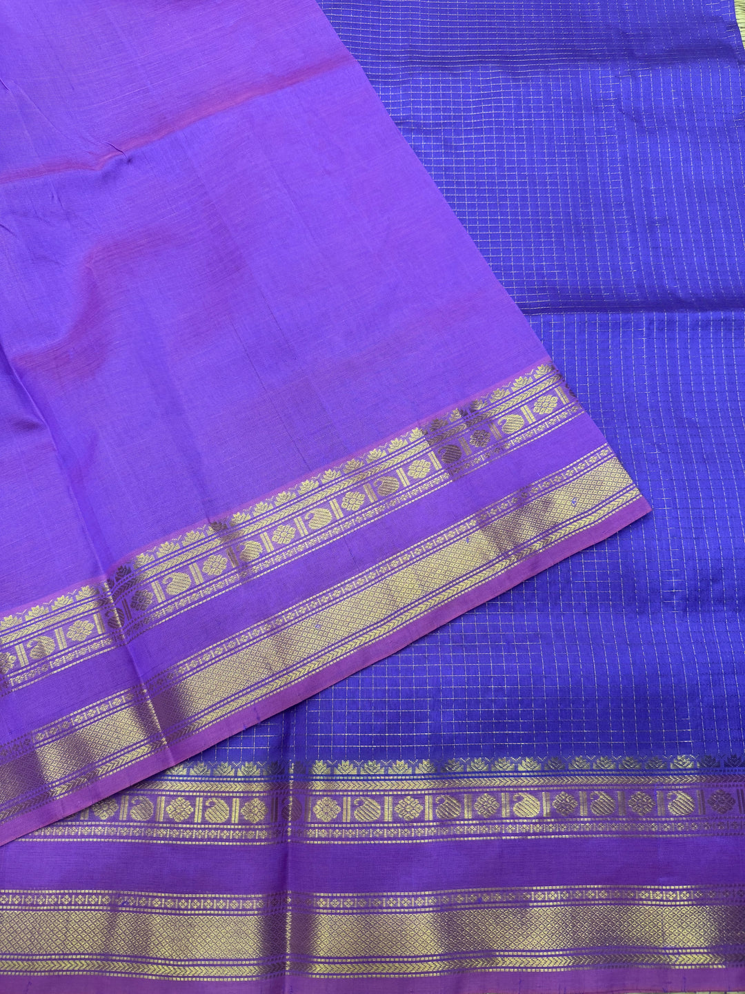 Lilac with Lavender  , Rich  Zari Kattam in the body , Rettapet  borders and Rich Pallu Pure Silk Cotton Saree