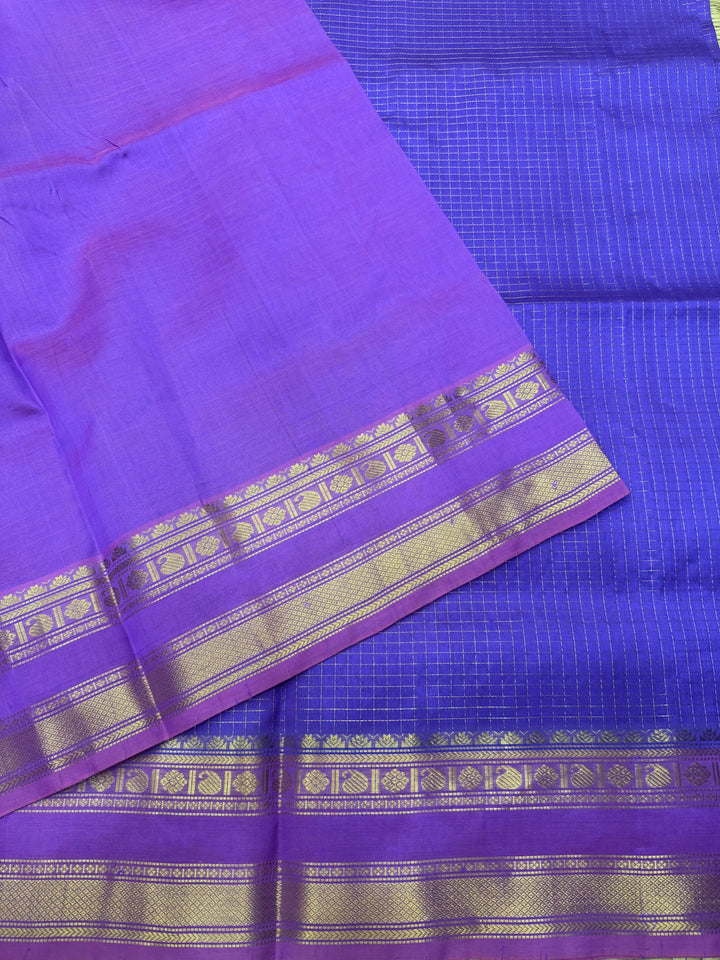Lilac with Lavender  , Rich  Zari Kattam in the body , Rettapet  borders and Rich Pallu Pure Silk Cotton Saree