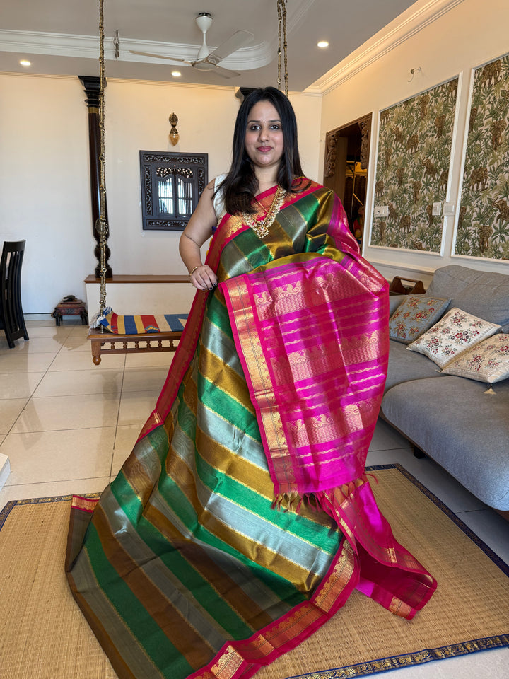 A Fusion of colours Fenugreek , Grey , Green and Pink traditional border and rich pallu korvai Silk Cotton Saree