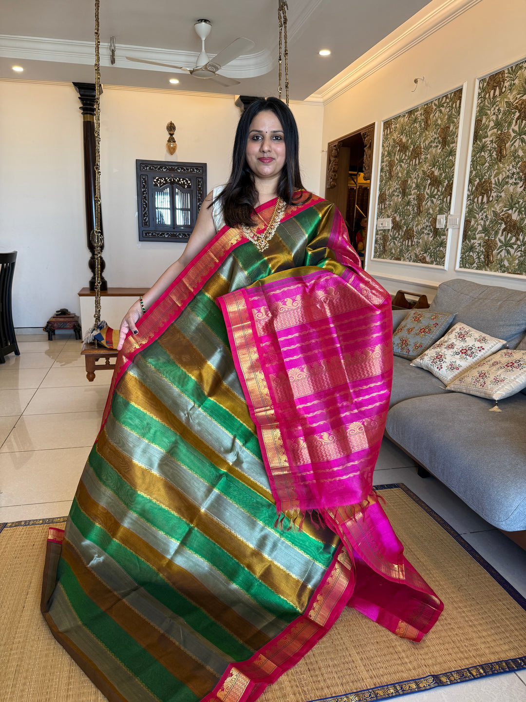 A Fusion of colours Fenugreek , Grey , Green and Pink traditional border and rich pallu korvai Silk Cotton Saree