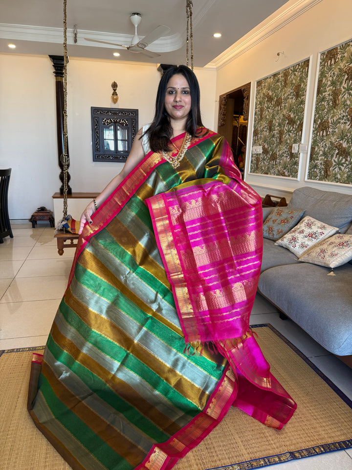 A Fusion of colours Fenugreek , Grey , Green and Pink traditional border and rich pallu korvai Silk Cotton Saree