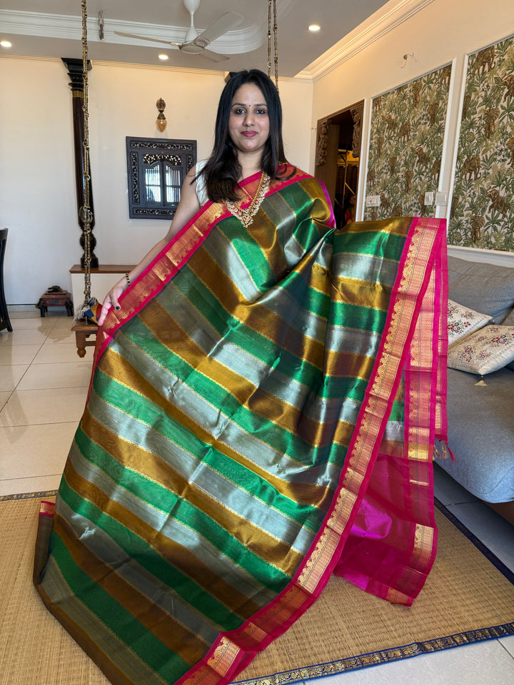 A Fusion of colours Fenugreek , Grey , Green and Pink traditional border and rich pallu korvai Silk Cotton Saree