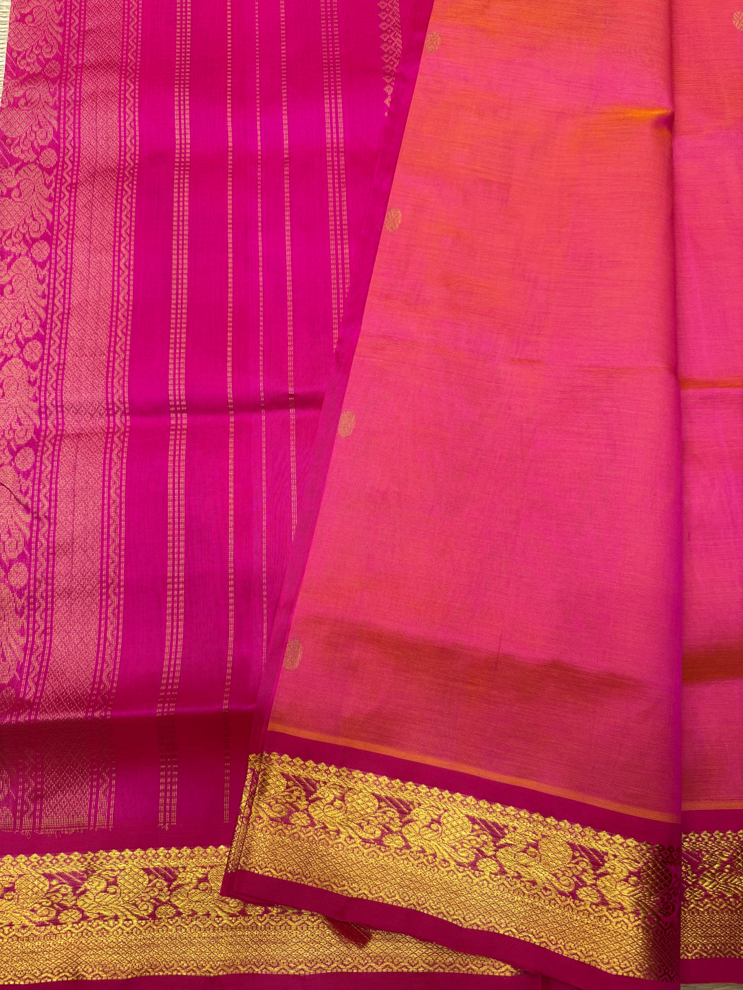 Reddish Pink with Pink  ,  Rich  Zari Butta in the body , traditional borders and Rich Pallu Pure Silk Cotton Saree