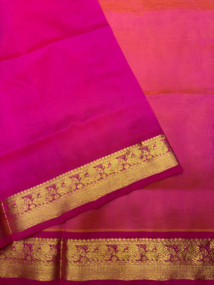 Reddish Pink with Pink  ,  Rich  Zari Butta in the body , traditional borders and Rich Pallu Pure Silk Cotton Saree