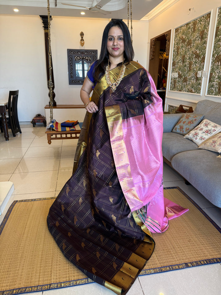 Coffee Brown with Baby Pink colour , Paithani Borders , Zari Checks with Parrot motifs in the body , and Pure Silk Cotton Saree
