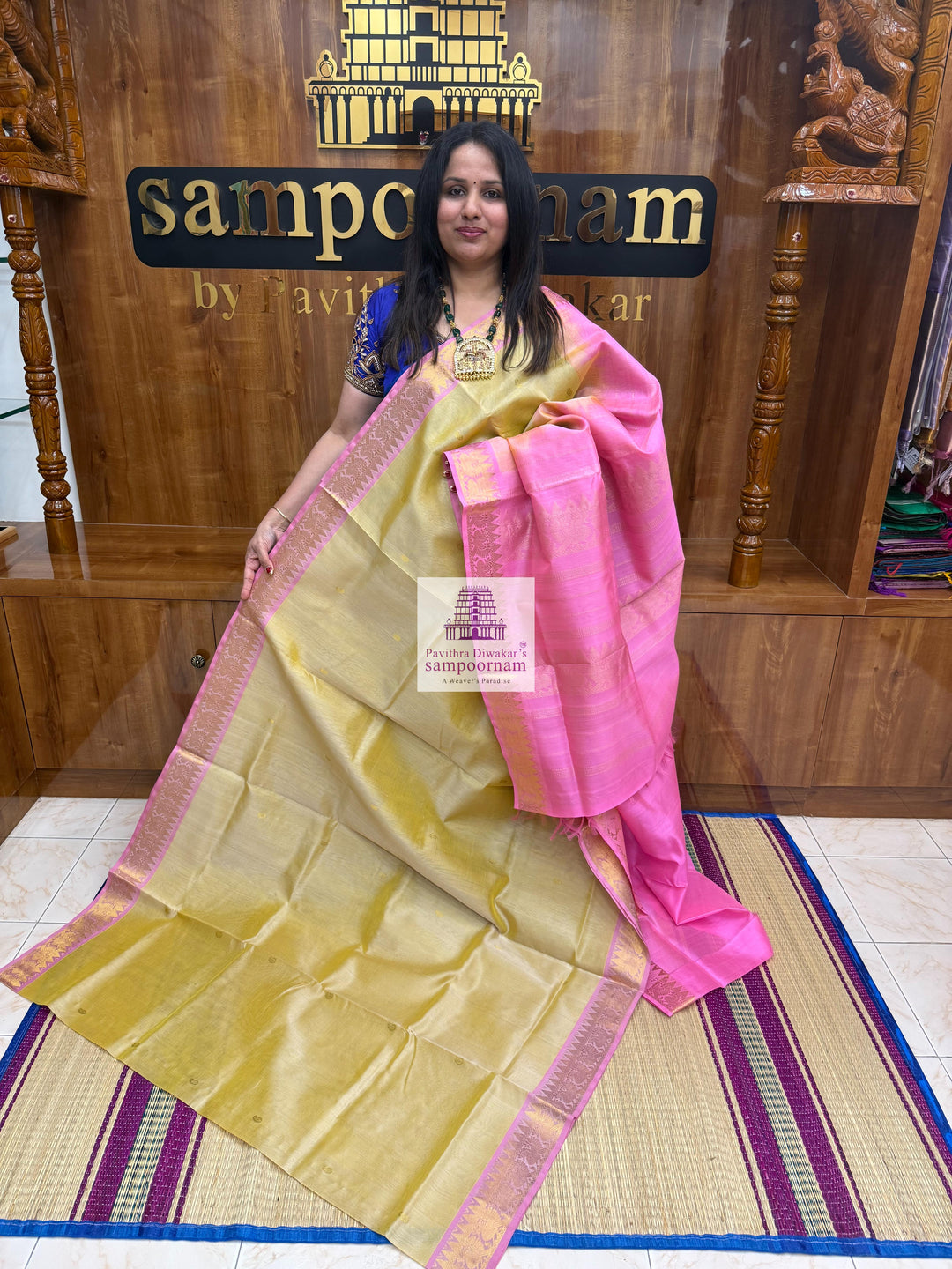 Gold with Pink , Mango Zari butta in the body and traditional border and traditional border , Rich Pallu Silk Cotton Saree