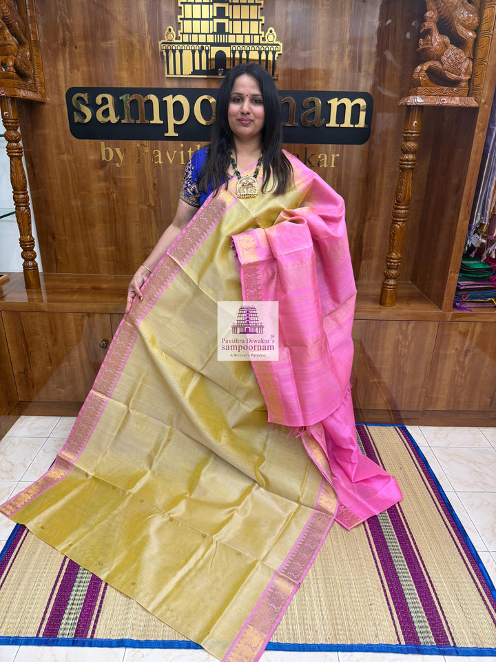 Gold with Pink , Mango Zari butta in the body and traditional border and traditional border , Rich Pallu Silk Cotton Saree