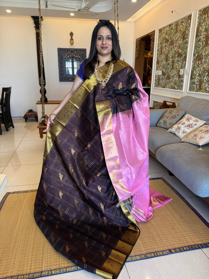 Coffee Brown with Baby Pink colour , Paithani Borders , Zari Checks with Parrot motifs in the body , and Pure Silk Cotton Saree