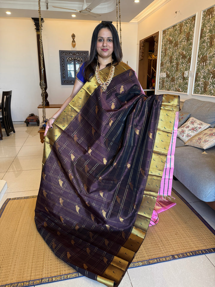 Coffee Brown with Baby Pink colour , Paithani Borders , Zari Checks with Parrot motifs in the body , and Pure Silk Cotton Saree