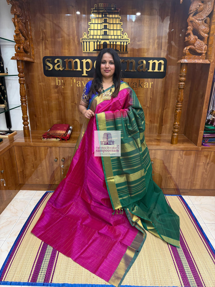Pink with Green  , Zari checks in the body , traditional border and rich Pallu Silk Cotton Saree