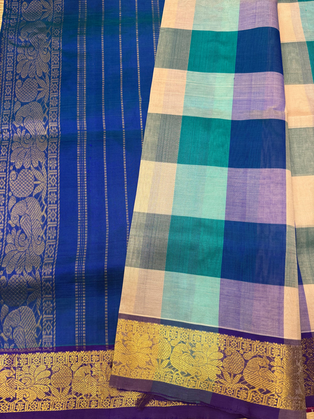 White , Green , Light Blue with Blue , Pallum Pazham Kattam with rich Zari Butta in the body , traditional borders and Rich Pallu Pure Silk Cotton Saree