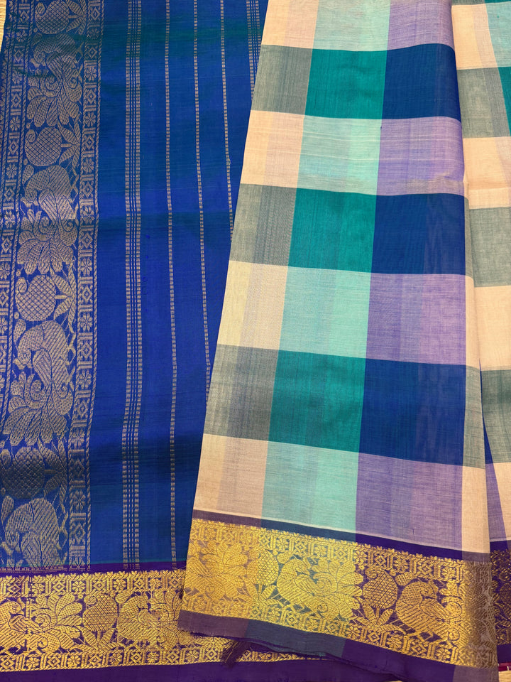 White , Green , Light Blue with Blue , Pallum Pazham Kattam with rich Zari Butta in the body , traditional borders and Rich Pallu Pure Silk Cotton Saree