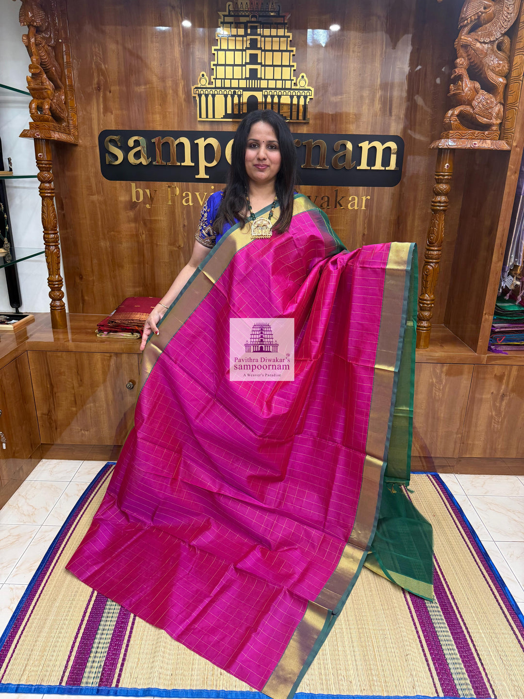 Pink with Green  , Zari checks in the body , traditional border and rich Pallu Silk Cotton Saree