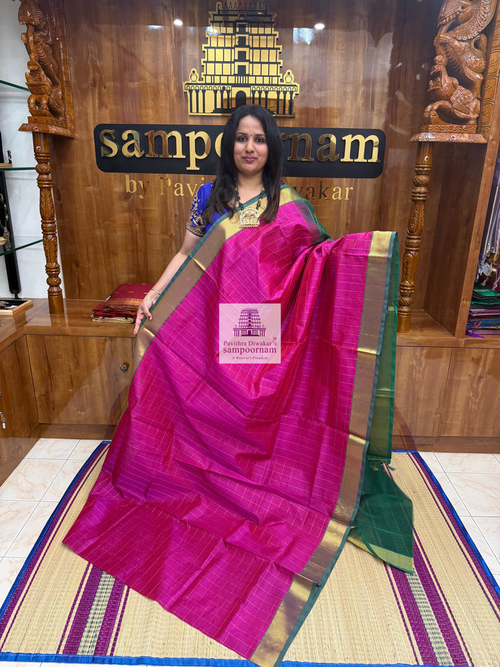 Pink with Green  , Zari checks in the body , traditional border and rich Pallu Silk Cotton Saree