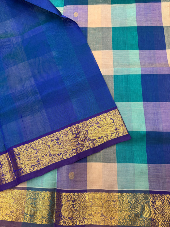 White , Green , Light Blue with Blue , Pallum Pazham Kattam with rich Zari Butta in the body , traditional borders and Rich Pallu Pure Silk Cotton Saree