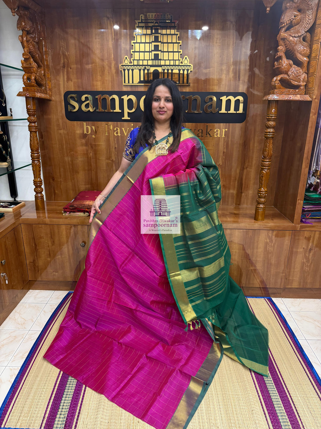 Pink with Green  , Zari checks in the body , traditional border and rich Pallu Silk Cotton Saree
