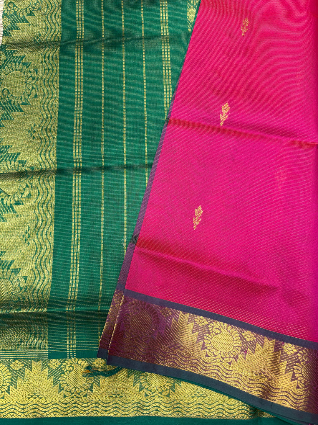 Pink with Green ,  Vairaoosi Zari lines with Rich Floral Zari Butta in the body , traditional borders and Rich Pallu Pure Silk Cotton Saree