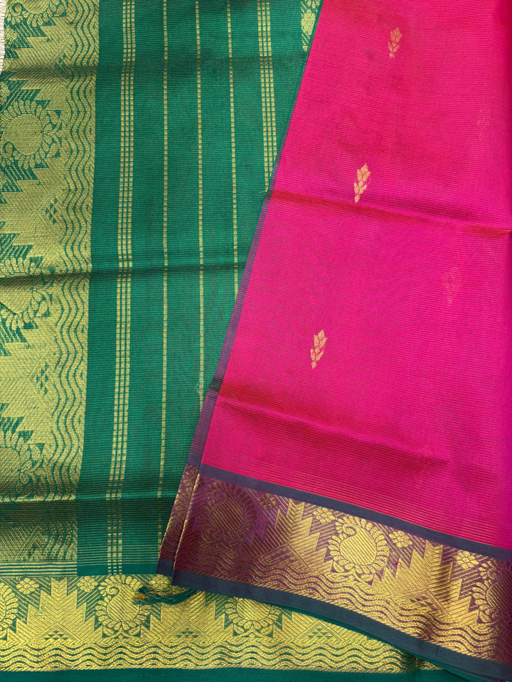 Pink with Green ,  Vairaoosi Zari lines with Rich Floral Zari Butta in the body , traditional borders and Rich Pallu Pure Silk Cotton Saree