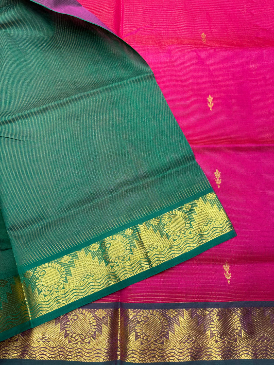 Pink with Green ,  Vairaoosi Zari lines with Rich Floral Zari Butta in the body , traditional borders and Rich Pallu Pure Silk Cotton Saree