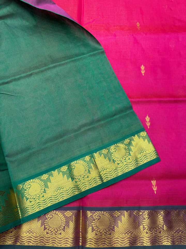 Pink with Green ,  Vairaoosi Zari lines with Rich Floral Zari Butta in the body , traditional borders and Rich Pallu Pure Silk Cotton Saree