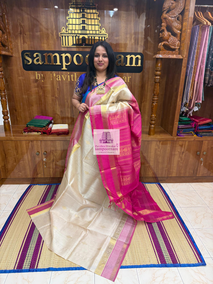 Cream with Pink , Kollam Zari Motif in the Body , Rettapet Border  and Rich Pallu Silk Cotton Saree