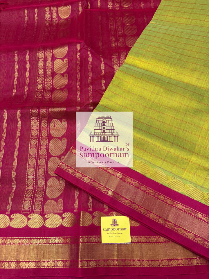 Green with Red , body checks, rettapet borders and rich pallu ,Ten Yards Korvai Silk Cotton Saree
