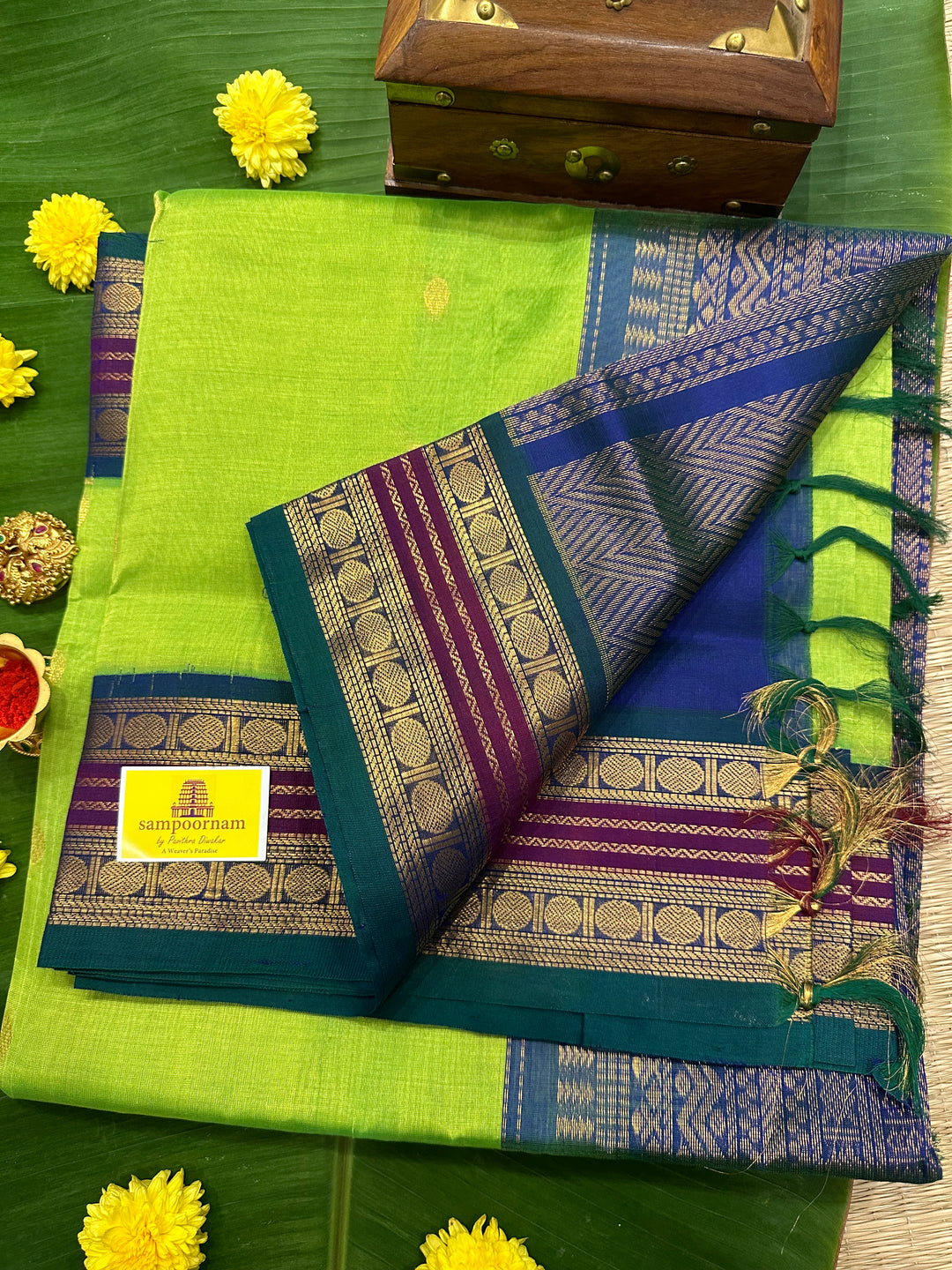 Green with Mayil Kazhuthu Blue, Rich Butta and Pallu Korvai Silk Cotton Saree