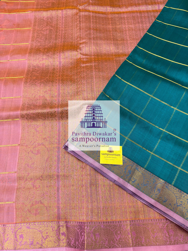 Turquoise Blue with Pink , Zari checks in the body , traditional borders and grand Pallu , Ten Yards Silk Cotton Saree