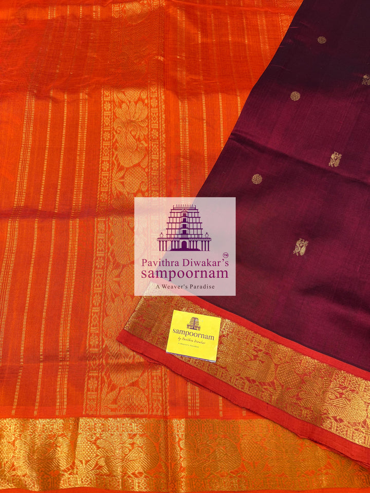 Araku with Orange , Zari butta in the body , traditional borders and grand Pallu , Ten Yards Silk Cotton Saree
